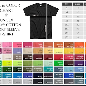 May include: A black unisex heavy cotton short sleeve t-shirt with a size and colour chart. The chart includes sizes S to 5XL, chest measurements from 45.7 to 81.3 cm, and lengths from 71.1 to 88.9 cm. A wide range of colours are available.