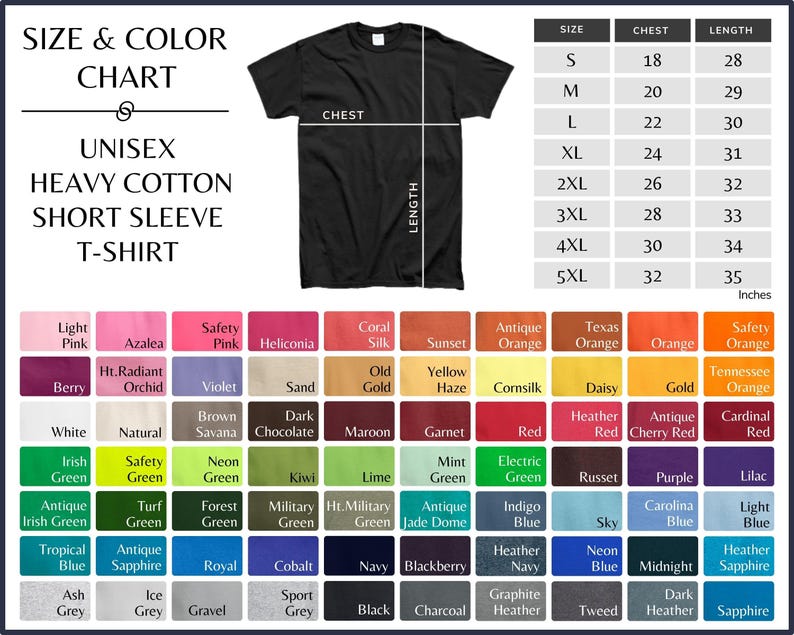 May include: A black unisex heavy cotton short sleeve t-shirt with a size and colour chart. The chart includes sizes S to 5XL, chest measurements from 45.7 to 81.3 cm, and lengths from 71.1 to 88.9 cm. A wide range of colours are available.
