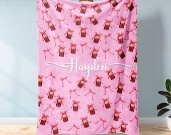 Personalized Dr Pepper Blanket With Bows, Custom Name Girly Coquette Bow Dr Pepper Fleece Blanket, Dr Pepper Lovers Gift