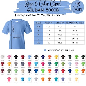 May include: A light blue youth t-shirt with a size and colour chart. The chart shows measurements in inches for sizes XS to XL, with widths from 40.6 to 50.8 cm and lengths from 52.1 to 67.3 cm. The chart also lists 50 colours.