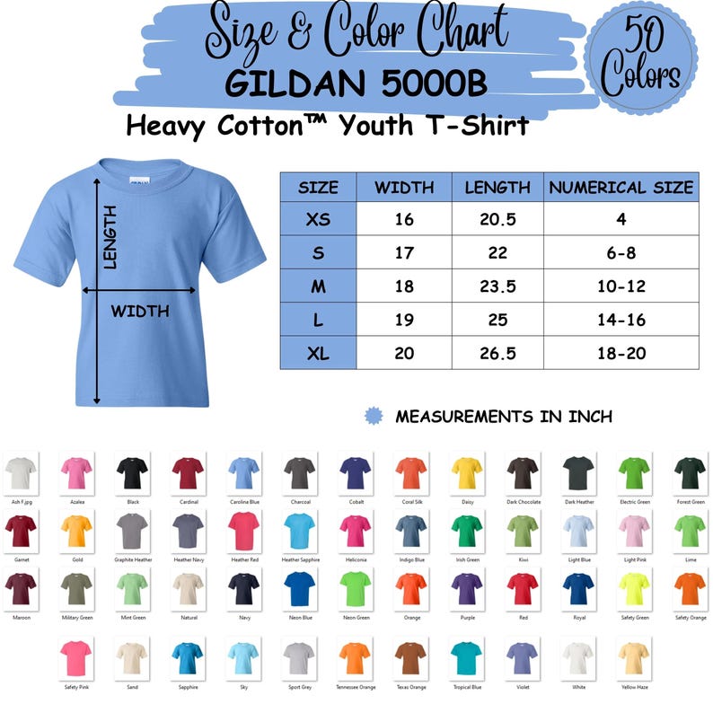May include: A light blue youth t-shirt with a size and colour chart. The chart shows measurements in inches for sizes XS to XL, with widths from 40.6 to 50.8 cm and lengths from 52.1 to 67.3 cm. The chart also lists 50 colours.