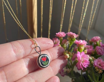 Folk Flower Charm Necklace | Hand-made Ceramic Charm | Clay Jewelry
