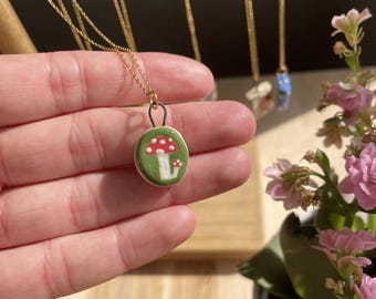 Red Mushroom Necklace | Hand-made Ceramic Charm | Clay Jewelry