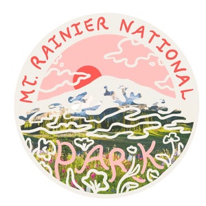 May include: A round sticker featuring a scenic illustration of Mt. Rainier National Park. The design includes a pink sky with a red sun, a mountain, and a field of flowers. The text "MT. RAINIER NATIONAL PARK" is in red.
