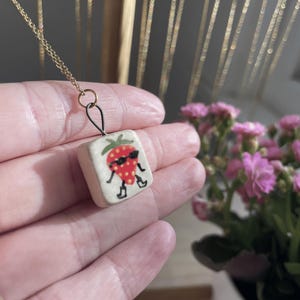 Strawberry Charm Necklace | Hand-made Ceramic charm | Clay Jewelry