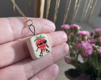 Strawberry Charm Necklace | Hand-made Ceramic charm | Clay Jewelry