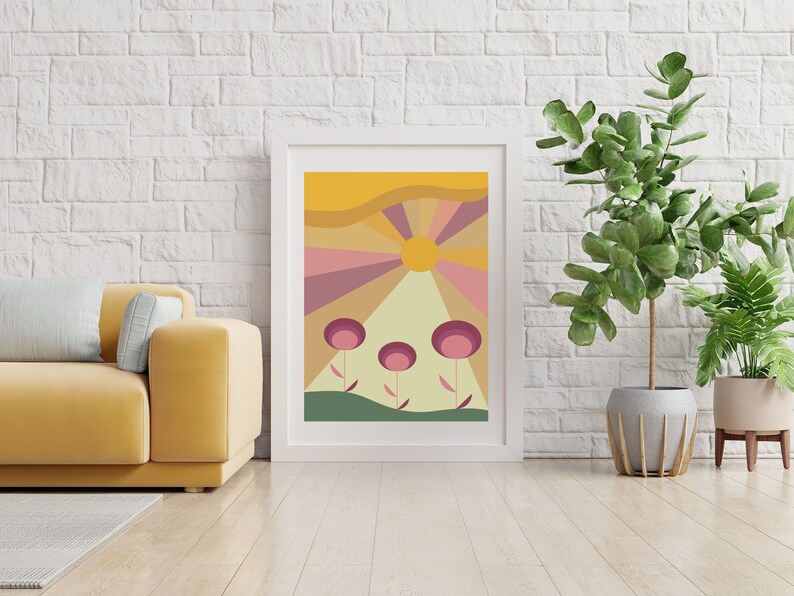 Digital Print Retro Flower /& Sun Wall Art