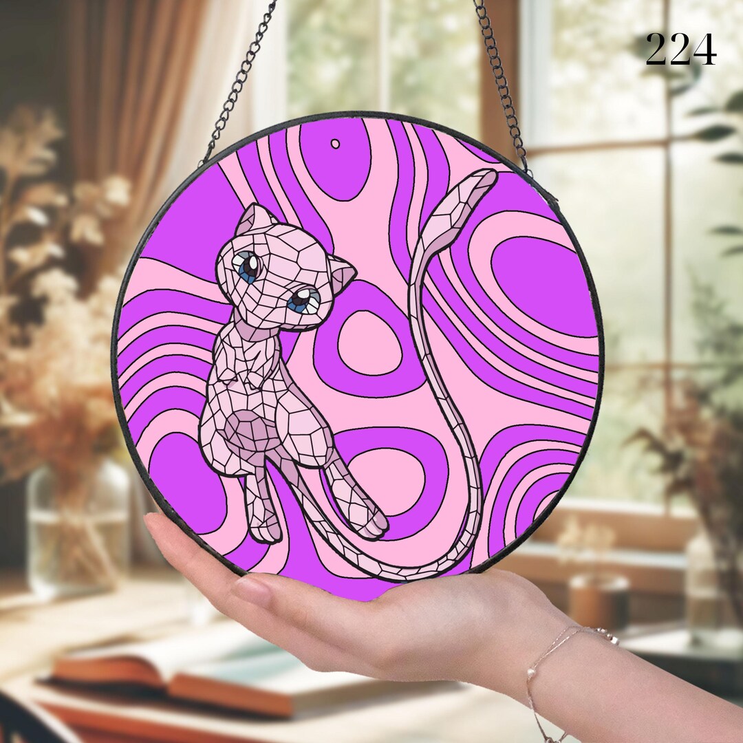 Handcrafted mew stained glass suncatcher unique pokemon window art for