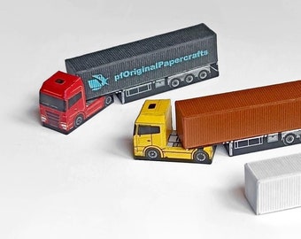 Model papierowy ciężarówki kontenerowej | Miniatura ciężarówki | Szablon cyfrowy PDF DIY w skali 1:300