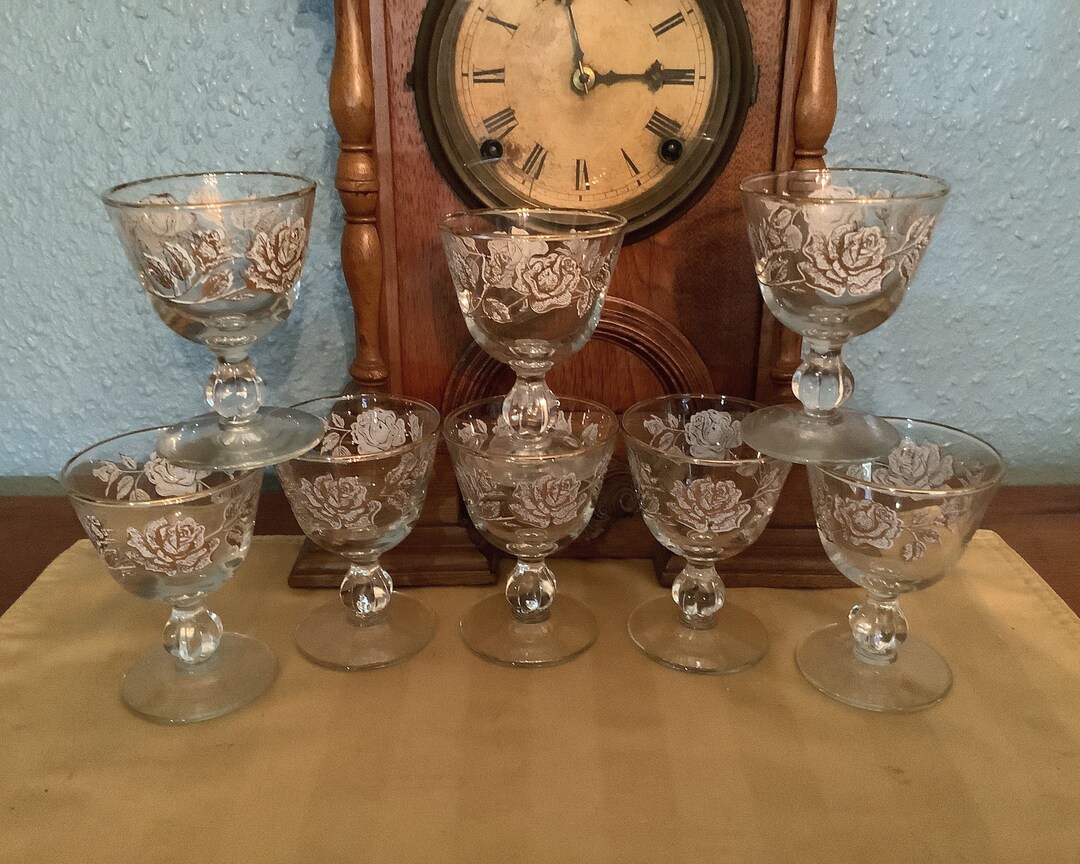 1960 Libbey Cordial Set , Barware, Stemware, Rose Pattern, Liqueur, Etsy