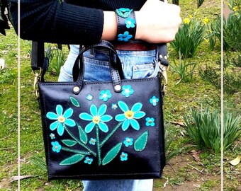 Handcrafted leather bag and wallet/Flower embossing natural leather/ Fashionable floral leather shoulder bag/women handmade  bag and wallet