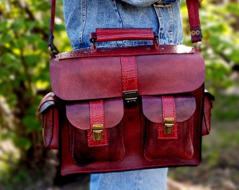 handcrafted leather bag/ leather bag/laptop bag/red shoulder bag