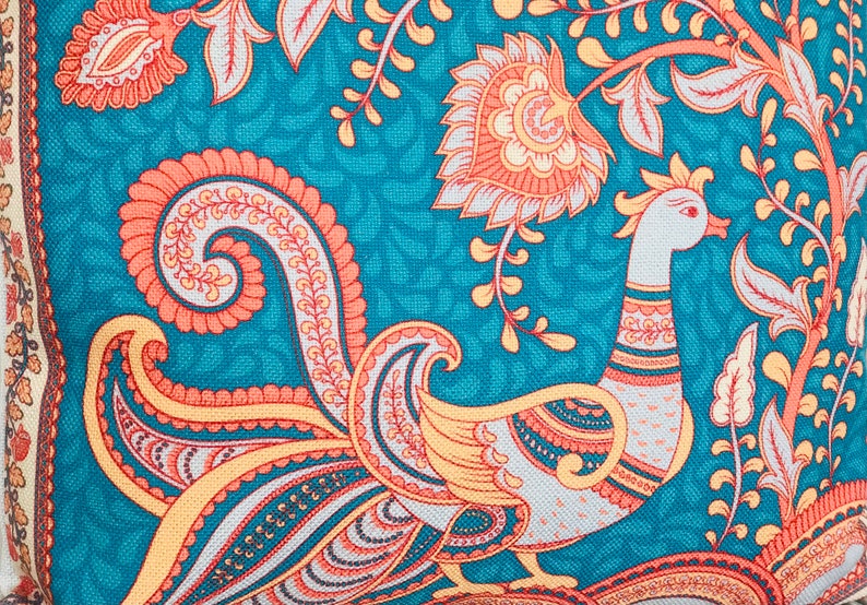 Kalamkari Art-Turquoise Peacock Cushion Cover, Paisley style, Indian artMothers Day gift image 6