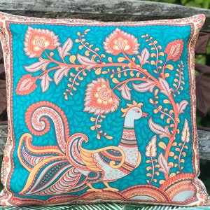 Kalamkari Art-Turquoise Peacock Cushion Cover, Paisley style, Indian artMothers Day gift image 1