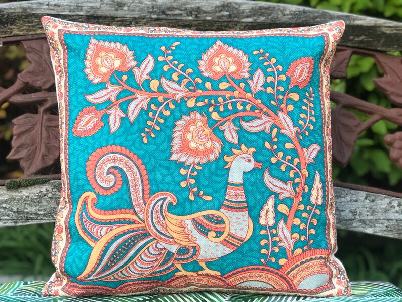 Kalamkari Art-Turquoise Peacock Cushion Cover, Paisley style, Indian artMothers Day gift image 1