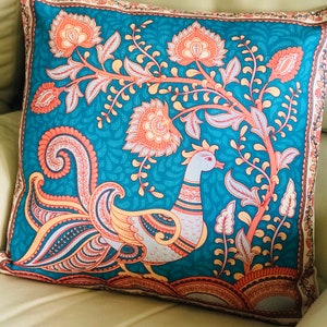 Kalamkari Art-Turquoise Peacock Cushion Cover, Paisley style, Indian artMothers Day gift image 4