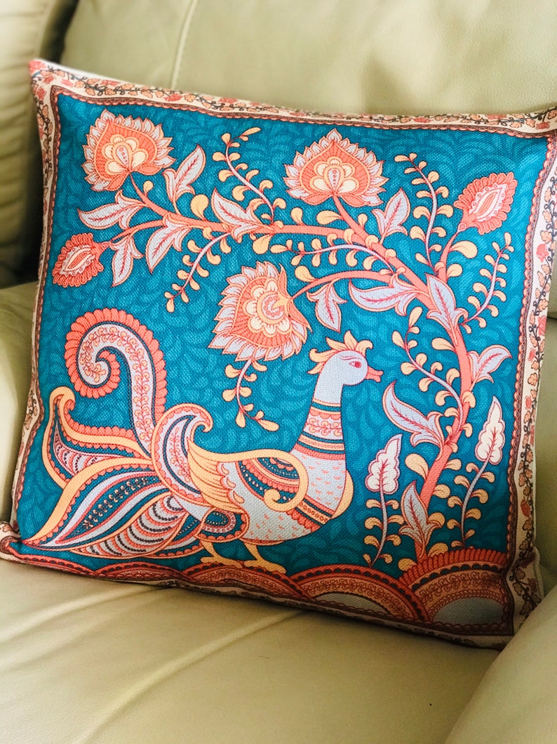 Kalamkari Art-Turquoise Peacock Cushion Cover, Paisley style, Indian artMothers Day gift image 4