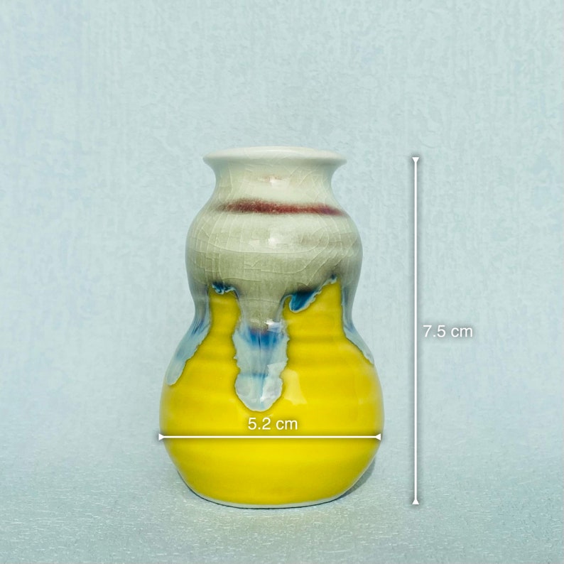 Handmade Lemon Yellow Glazed Little Vases with Colorful Drippy. image 10