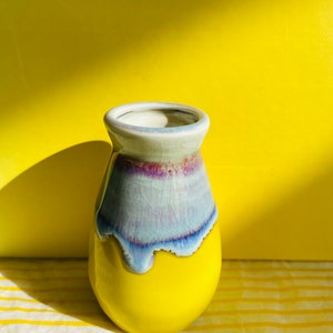 Handmade Lemon Yellow Glazed Little Vases with Colorful Drippy. image 2