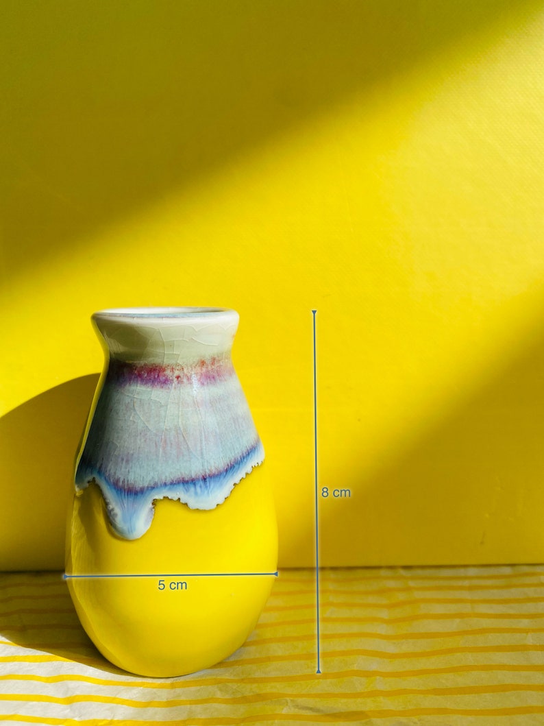 Handmade Lemon Yellow Glazed Little Vases with Colorful Drippy. image 3
