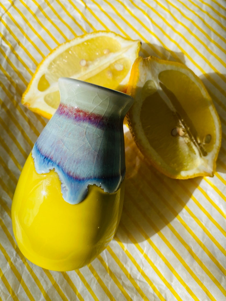 Handmade Lemon Yellow Glazed Little Vases with Colorful Drippy. image 5