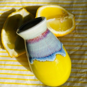 Handmade Lemon Yellow Glazed Little Vases with Colorful Drippy. image 4