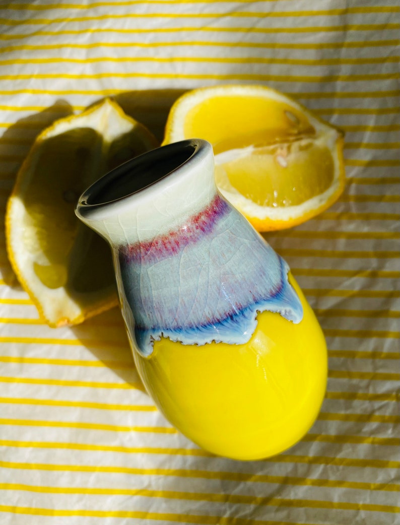 Handmade Lemon Yellow Glazed Little Vases with Colorful Drippy. image 4