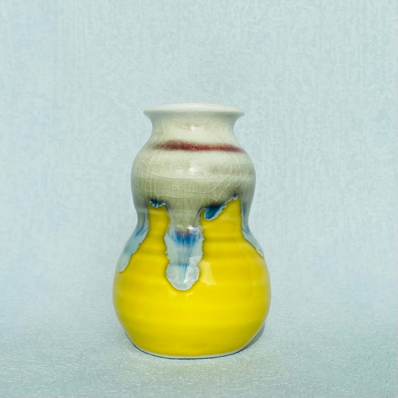 Handmade Lemon Yellow Glazed Little Vases with Colorful Drippy. LYRG