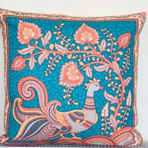 Kalamkari Art-Turquoise Peacock Cushion Cover, Paisley style, Indian artMothers Day gift image 5