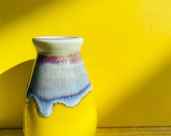 Handmade Lemon Yellow Glazed Little Vases with Colorful Drippy.