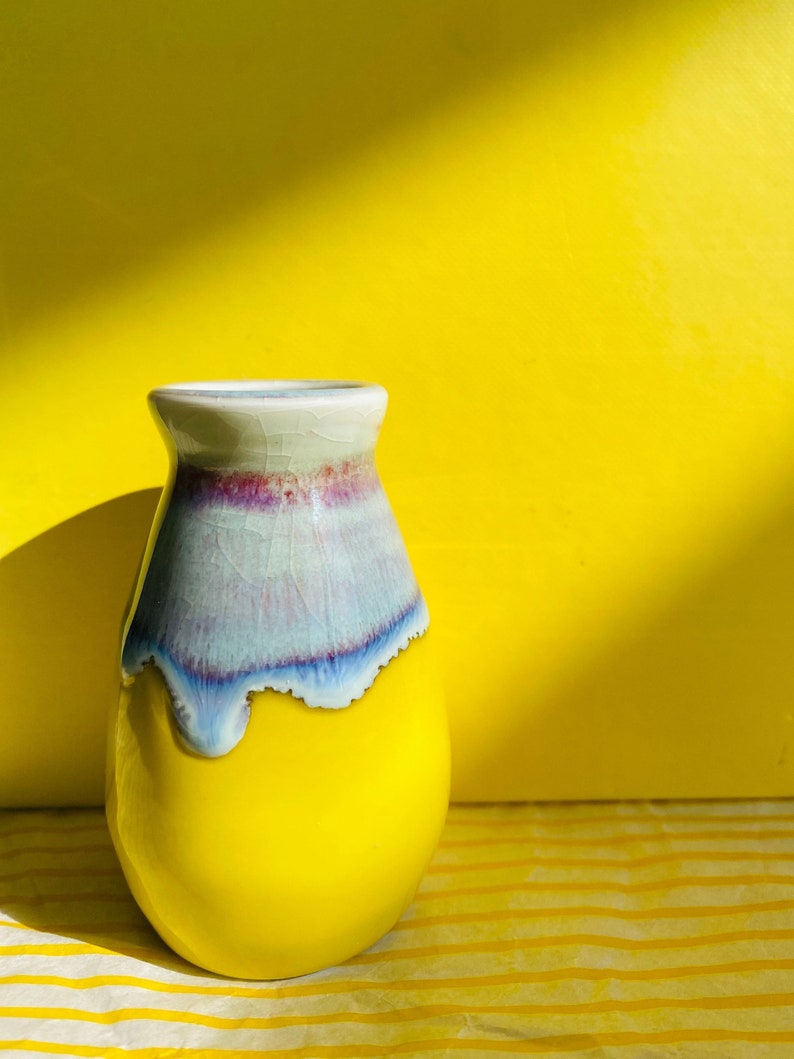 Handmade Lemon Yellow Glazed Little Vases with Colorful Drippy. LYR