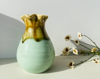 Handmade Small Glazed Vase in Succulent Green with a Brown Drippy Top