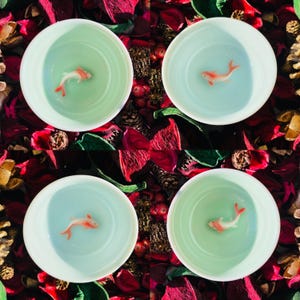 May include: Four small white bowls with a light blue interior each contain a single red and white goldfish. The bowls are arranged in a symmetrical pattern on a background of red and brown flower petals.