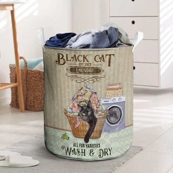 Black cat Laundry basket Etsy