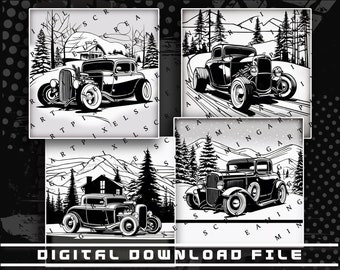 May include: Black and white digital download file featuring four images of vintage hot rod cars in snowy landscapes. The images include .SVG and .PNG file formats. Text includes "ART PIXELS SCREAMING ART" and "DIGITAL DOWNLOAD FILE."