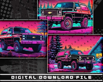 May include: A digital illustration of a black Chevrolet Blazer with a white roof and a red interior. The Blazer is set against a background of a sunset with a forest and a cabin in the distance. The image is in a retro style with a pixelated effect.
