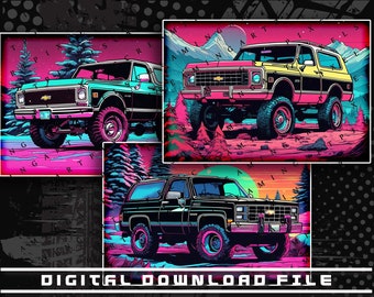 May include: Three digital illustrations of vintage Chevrolet trucks in a retro 80s style. The trucks are black, blue, and yellow with pink and blue backgrounds. The text "DIGITAL DOWNLOAD FILE" is at the bottom of the image. The file formats "SVG" and "PNG" are shown in the bottom left corner.