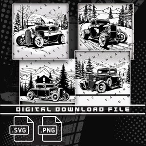 Könnte beinhalten: Schwarz-weiß-Digital-Download-Datei mit vier Bildern von Oldtimer-Hot-Rod-Autos in verschneiten Landschaften. Enthält .SVG- und .PNG-Dateiformate. Text enthält "ART PIXELS SCREAMING ART" und "DIGITAL DOWNLOAD FILE."