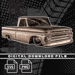 May include: A vintage, silver-toned pickup truck with a black background. The truck has a black bumper, black wheels, and a black grille. The truck is in a digital download file format.