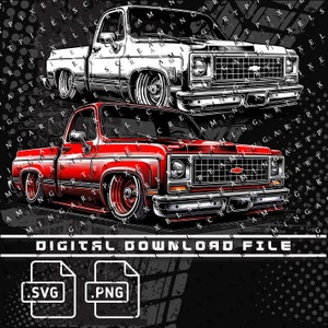 May include: Two illustrations of a classic pickup truck. The top truck is white and the bottom truck is red. Both trucks have a black background with a grunge pattern.