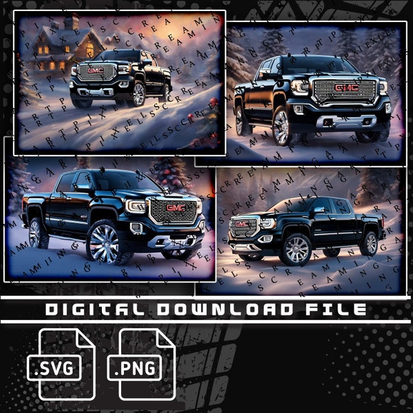 2017 GMC 1500, GMC Denali Truck 4 Pack, Duramax Diesel truck, Christmas / Snow Scene, png and svg file for shirts, stickers, DTG Printing