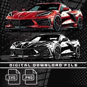 May include: Digital download file featuring two stylized sports car illustrations. One car is red, the other is black and white. The image includes .SVG and .PNG file icons, and the text "DIGITAL DOWNLOAD FILE".