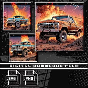 Ford Dentside truck, Highboy, Powerstroke Diesel Bricknose 3 Pack, Apocalyptic Scene, PNG and SVG file for shirts, stickers, DTG Printing
