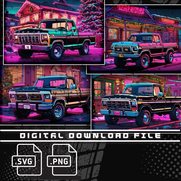 Ford Dentside truck, Highboy Christmas scene, Powerstroke Diesel Bricknose 4 Pack, PNG and SVG file for shirts, stickers, DTG Printing