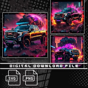 2017 GMC 2500, GMC Denali Truck 3 Pack, Duramax Diesel truck, Apocalyptic Scene, png and svg file for shirts, stickers, DTG Printing