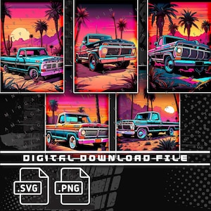 1971 Ford F100 Dentside truck, Highboy, Bricknose 5 Pack, Desert Scene, Palm tree sunset PNG and SVG file for shirts, stickers, DTG Printing