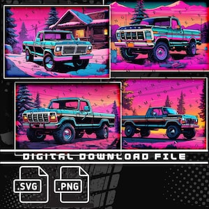 Camión Ford Dentside, escena navideña de Highboy, Powerstroke Diesel Bricknose 4 Pack, archivo PNG y SVG para camisetas, pegatinas, impresión DTG
