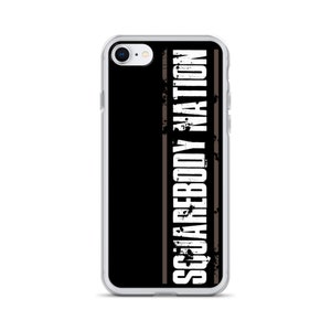 May include: A clear phone case with a black background and white text that reads "SQUAREBODY NATION". The text is in a distressed font style and is centered on the case. There are two thin brown lines on either side of the text.