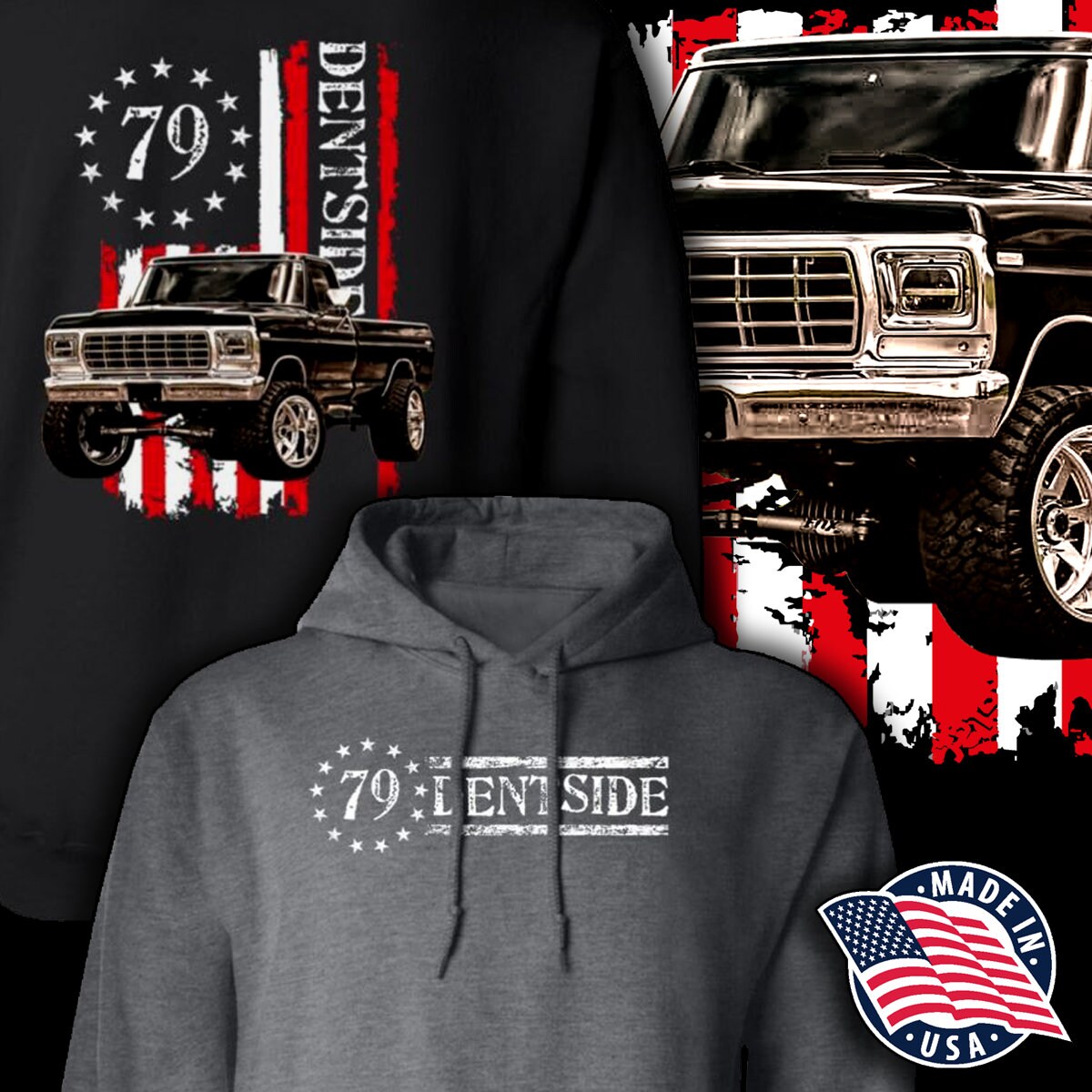 Ford 1979 Dentside flag truck, USA FLAG, Dentside Truck hoodie, 1979 Highboy, Truck Enthusiast. Pullover Hoodie