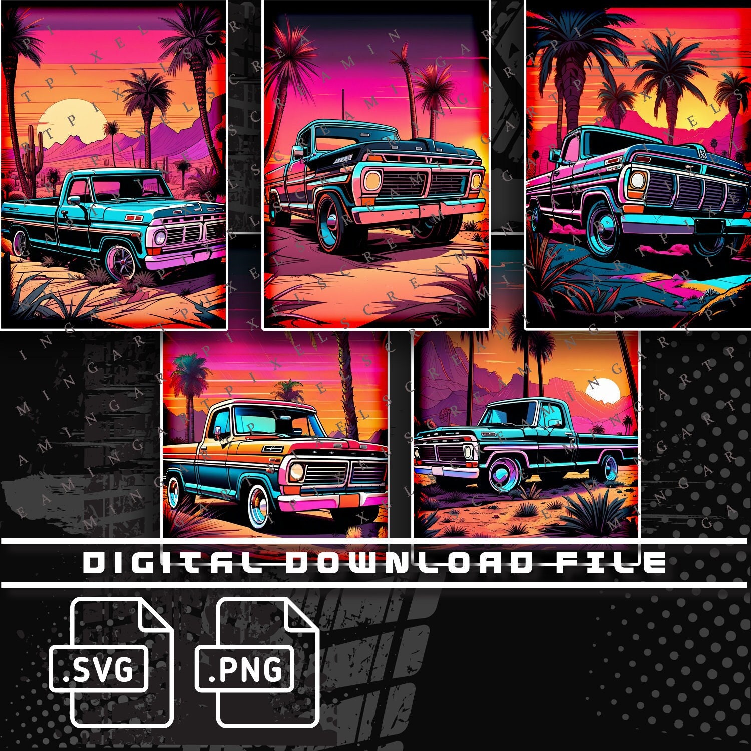 1971 Ford F100 Dentside truck, Highboy, Bricknose 5 Pack, Desert Scene, Palm tree sunset PNG and SVG file for shirts, stickers, DTG Printing